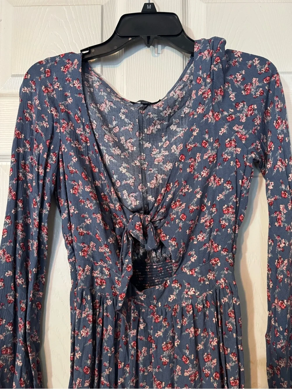 Floral Tie-Front Long Sleeve Dress in Navy Blue